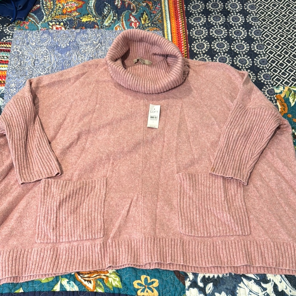 LOFT Pink Cowl Neck Sweater with Relaxed Fit and Ribbed Texture